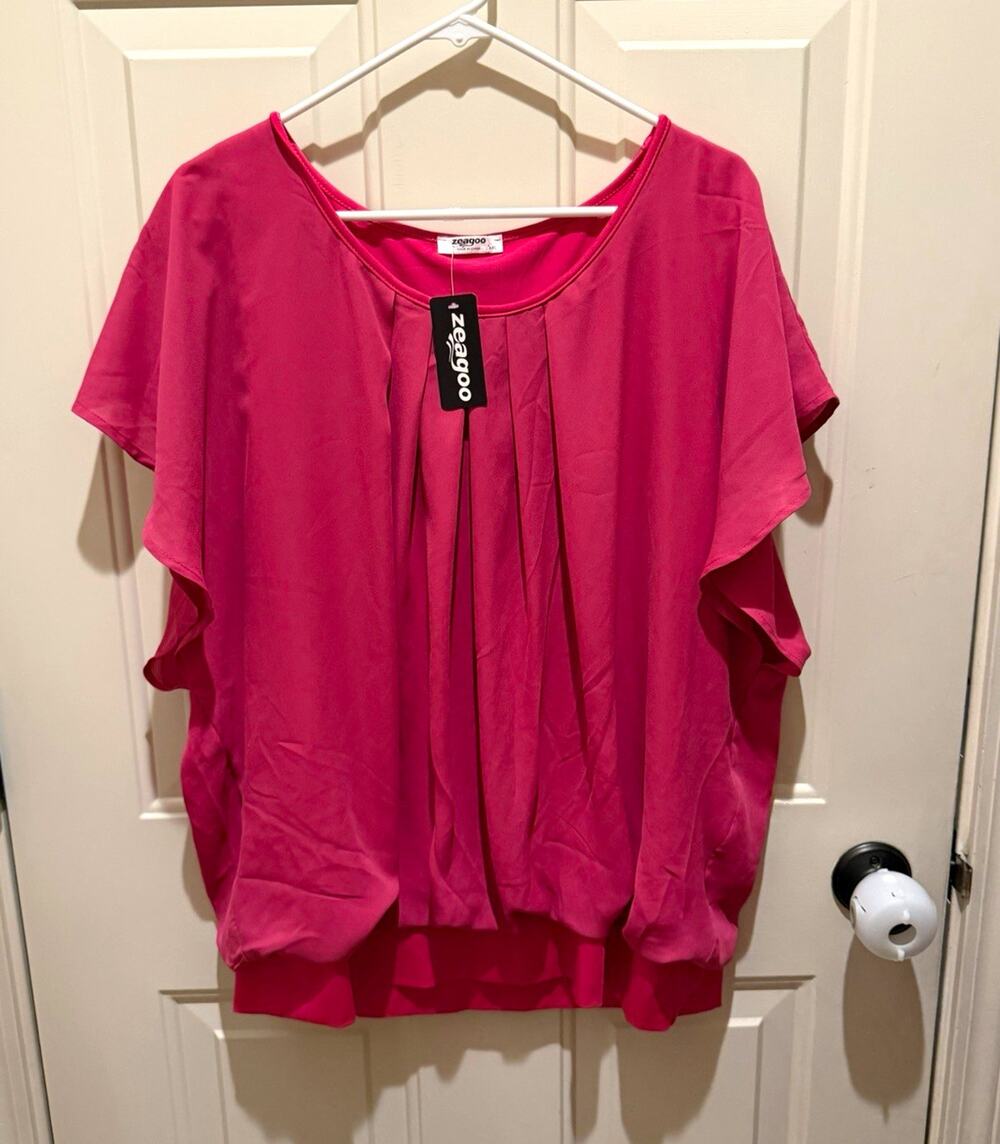 Zeagoo Women’s Size 2XL Pink Solid Scoop Neck Short Sleeve Pleated Blouse